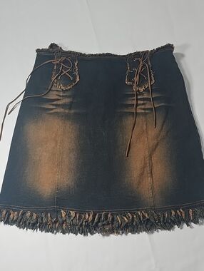 Vintage MOA U.S.A. Y2K Tinted Denim Mini Skirt – Frayed Lace-Up Detail